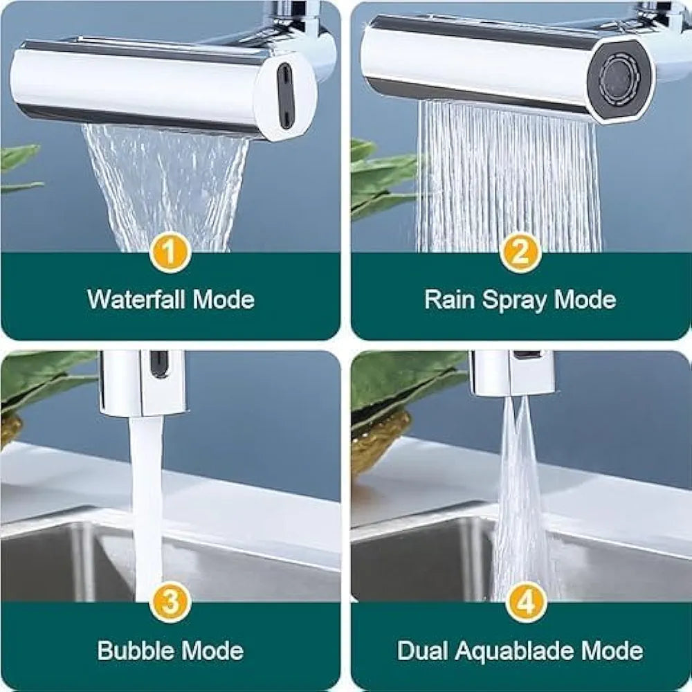Grifo de cocina en cascada 4 en 1, grifo de cocina en cascada de 360°, boquilla rociadora de alta presión para fregadero de cocina con botón ajustable